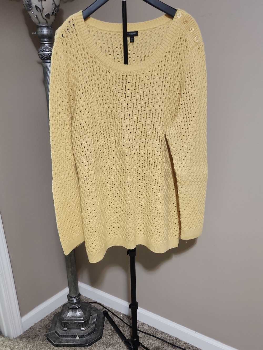 Talbots Soft Yellow Open-Knit Scoop-Neck Sweater with Shoulder Buttons